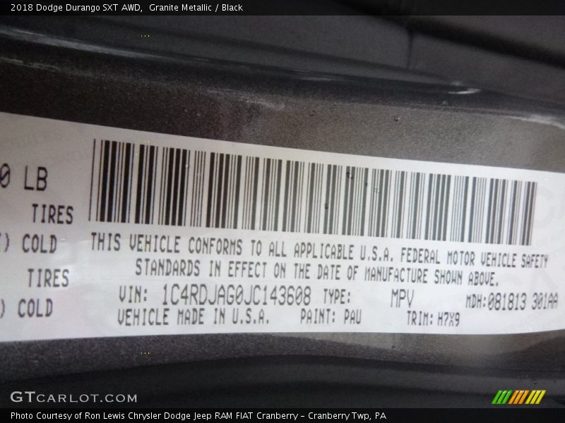 Granite Metallic / Black 2018 Dodge Durango SXT AWD