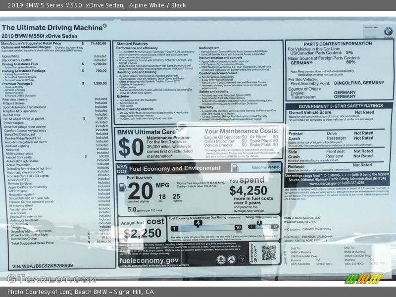  2019 5 Series M550i xDrive Sedan Window Sticker