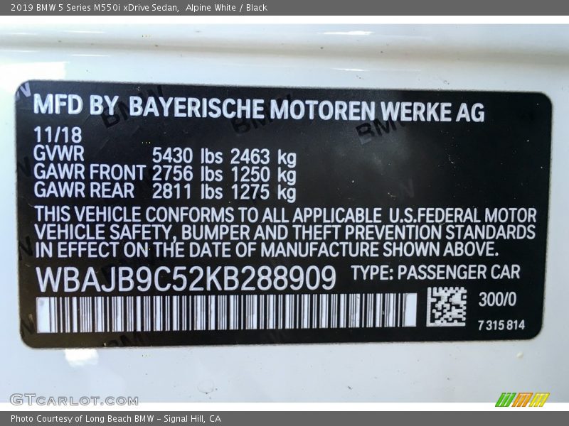 2019 5 Series M550i xDrive Sedan Alpine White Color Code 300