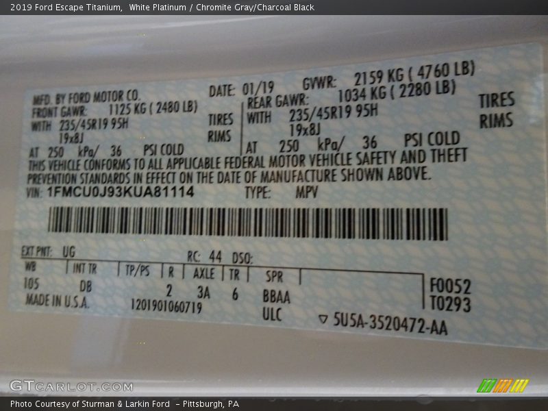 White Platinum / Chromite Gray/Charcoal Black 2019 Ford Escape Titanium