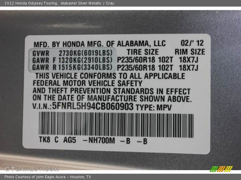 Alabaster Silver Metallic / Gray 2012 Honda Odyssey Touring