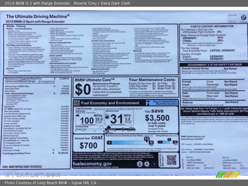 Mineral Grey / Deka Dark Cloth 2019 BMW i3 S with Range Extender