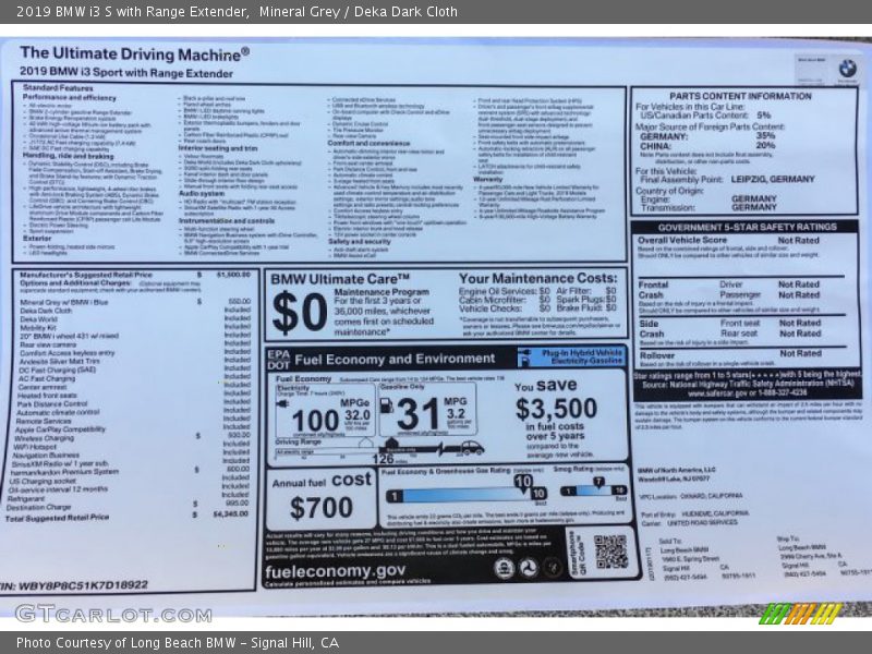  2019 i3 S with Range Extender Window Sticker