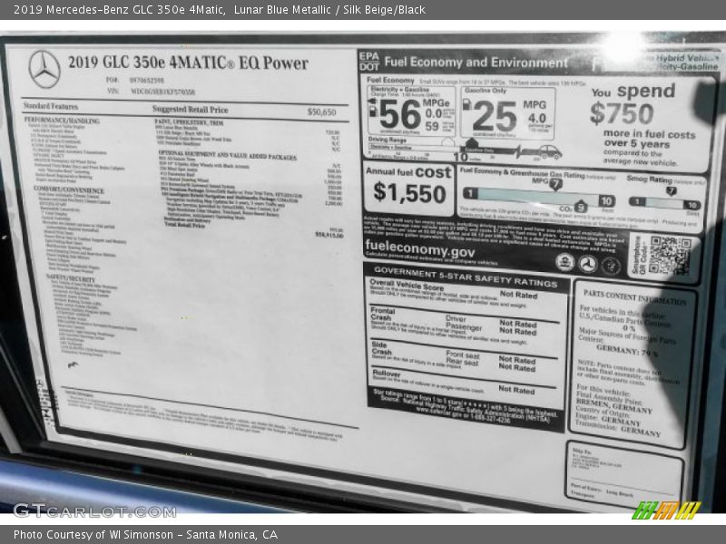 Lunar Blue Metallic / Silk Beige/Black 2019 Mercedes-Benz GLC 350e 4Matic