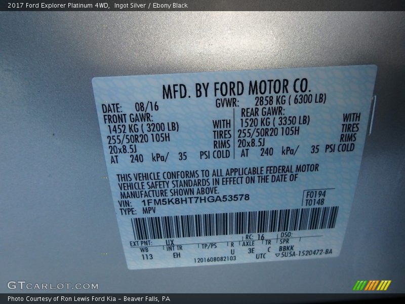Ingot Silver / Ebony Black 2017 Ford Explorer Platinum 4WD