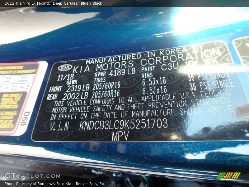 Deep Cerulean Blue / Black 2019 Kia Niro LX Hybrid