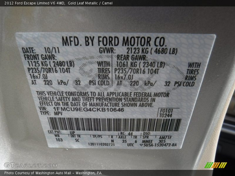 Gold Leaf Metallic / Camel 2012 Ford Escape Limited V6 4WD