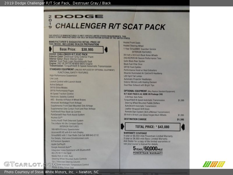 Destroyer Gray / Black 2019 Dodge Challenger R/T Scat Pack