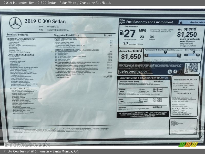 Polar White / Cranberry Red/Black 2019 Mercedes-Benz C 300 Sedan
