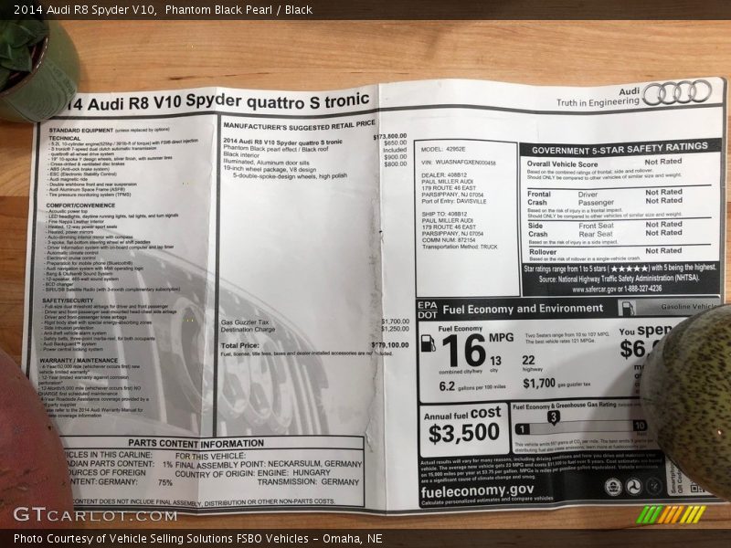  2014 R8 Spyder V10 Window Sticker