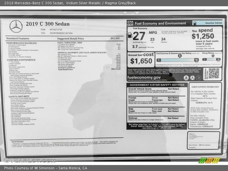  2019 C 300 Sedan Window Sticker
