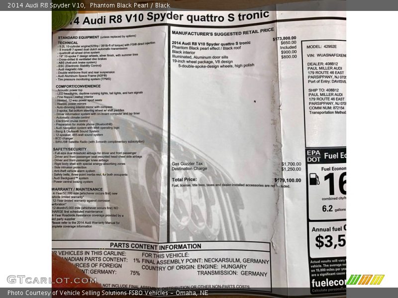  2014 R8 Spyder V10 Window Sticker