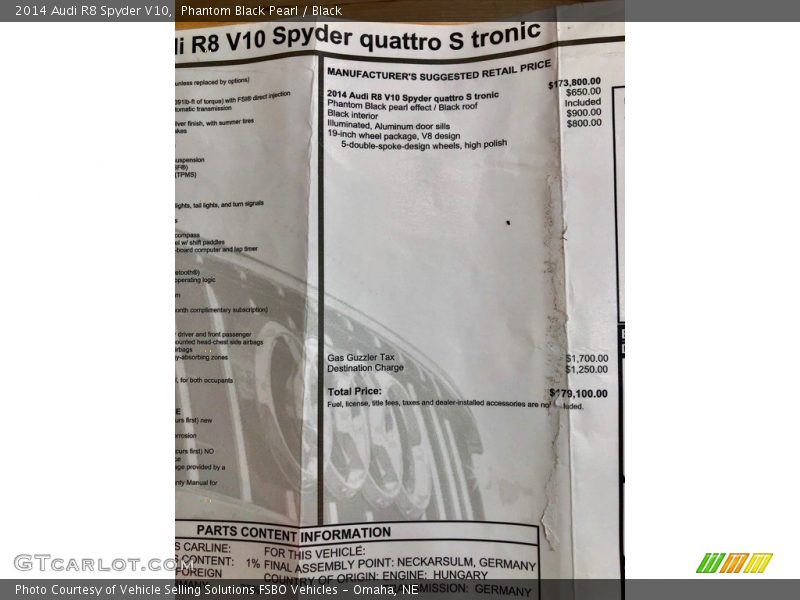  2014 R8 Spyder V10 Window Sticker