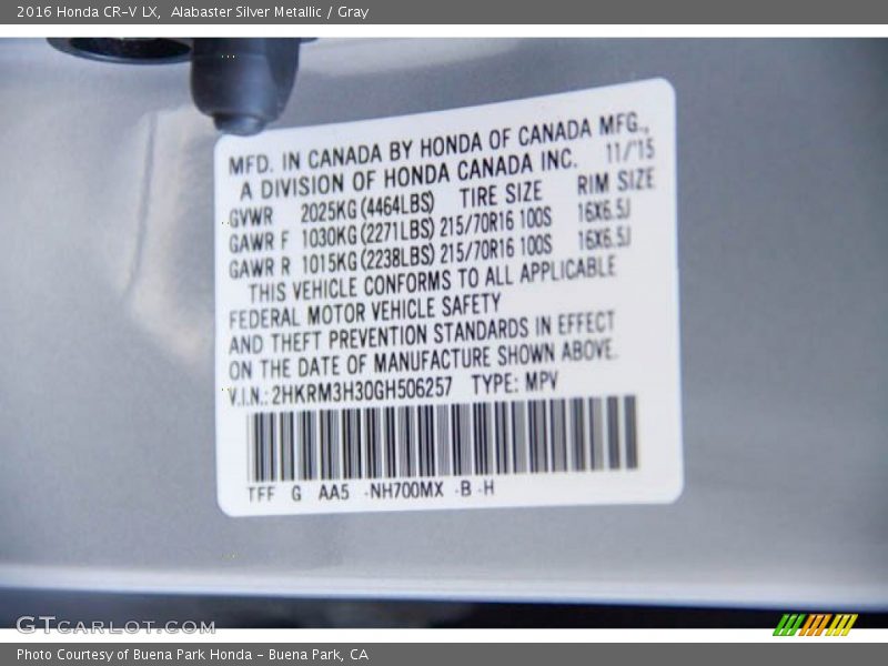 Alabaster Silver Metallic / Gray 2016 Honda CR-V LX