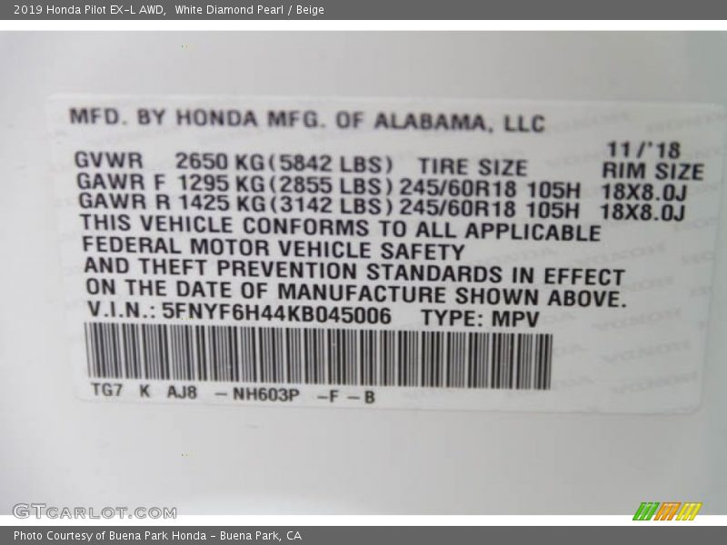 White Diamond Pearl / Beige 2019 Honda Pilot EX-L AWD