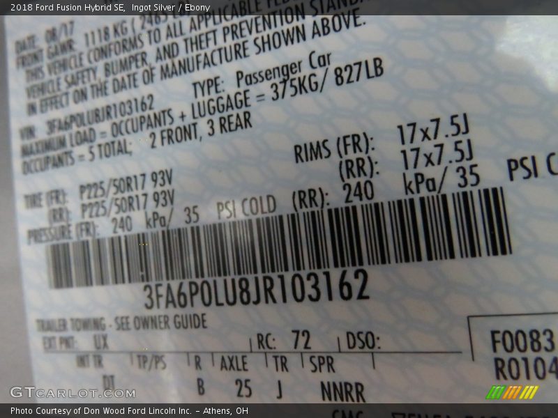 Ingot Silver / Ebony 2018 Ford Fusion Hybrid SE