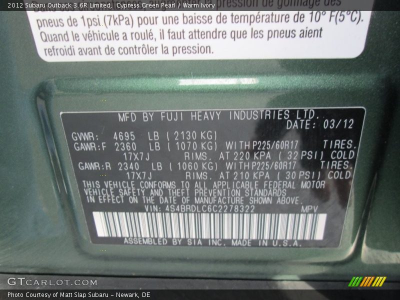 Cypress Green Pearl / Warm Ivory 2012 Subaru Outback 3.6R Limited