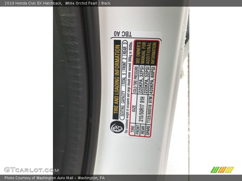 White Orchid Pearl / Black 2019 Honda Civic EX Hatchback