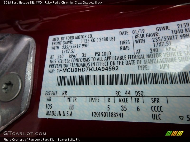 Ruby Red / Chromite Gray/Charcoal Black 2019 Ford Escape SEL 4WD