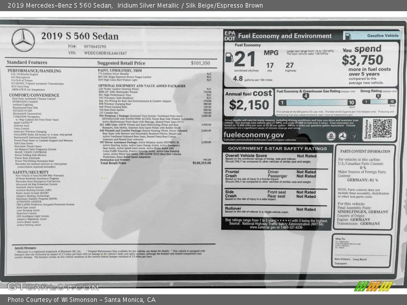 Iridium Silver Metallic / Silk Beige/Espresso Brown 2019 Mercedes-Benz S 560 Sedan