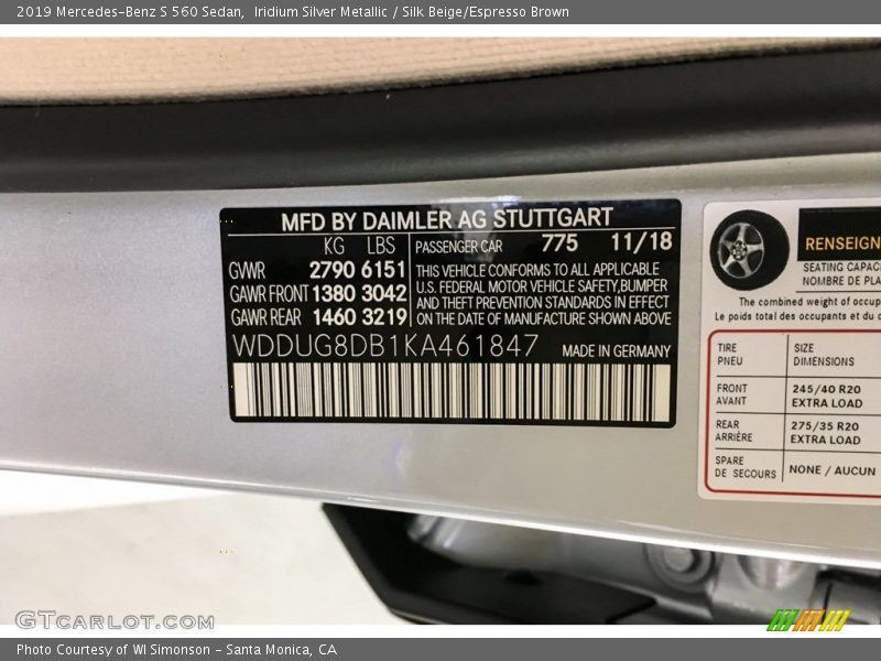 Iridium Silver Metallic / Silk Beige/Espresso Brown 2019 Mercedes-Benz S 560 Sedan