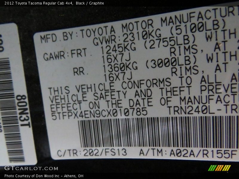 Black / Graphite 2012 Toyota Tacoma Regular Cab 4x4