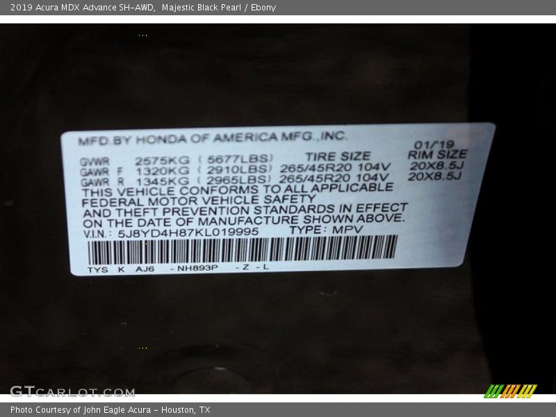 Majestic Black Pearl / Ebony 2019 Acura MDX Advance SH-AWD