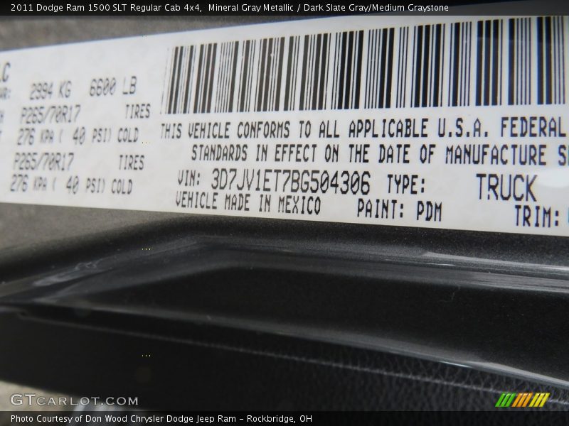 Mineral Gray Metallic / Dark Slate Gray/Medium Graystone 2011 Dodge Ram 1500 SLT Regular Cab 4x4