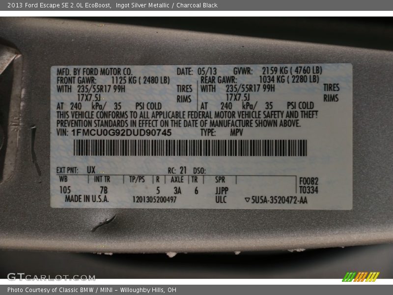 Ingot Silver Metallic / Charcoal Black 2013 Ford Escape SE 2.0L EcoBoost