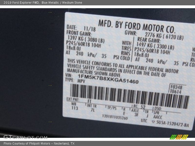 2019 Explorer FWD Blue Metallic Color Code FT