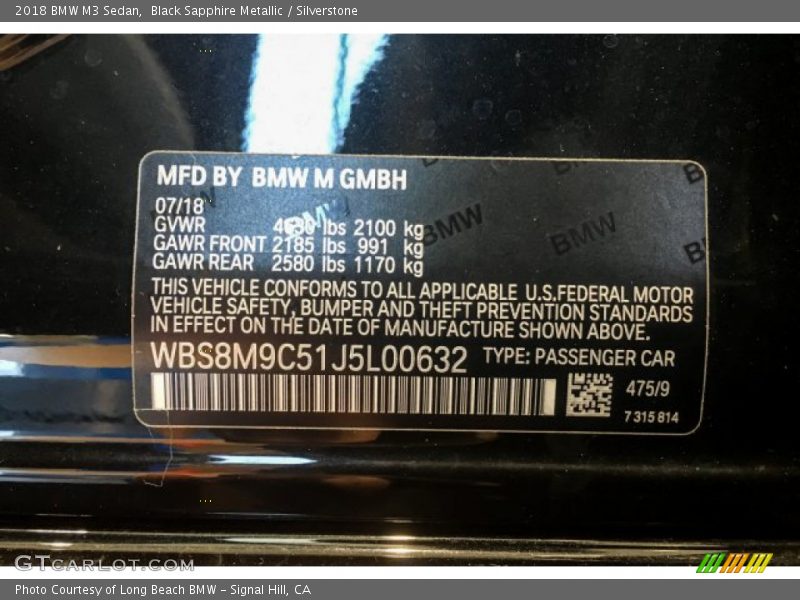 Black Sapphire Metallic / Silverstone 2018 BMW M3 Sedan