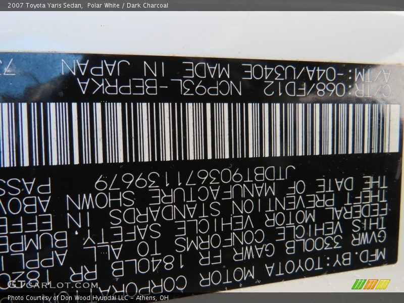 Polar White / Dark Charcoal 2007 Toyota Yaris Sedan