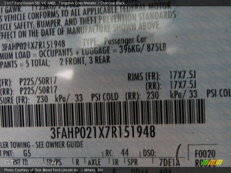 Tungsten Grey Metallic / Charcoal Black 2007 Ford Fusion SEL V6 AWD