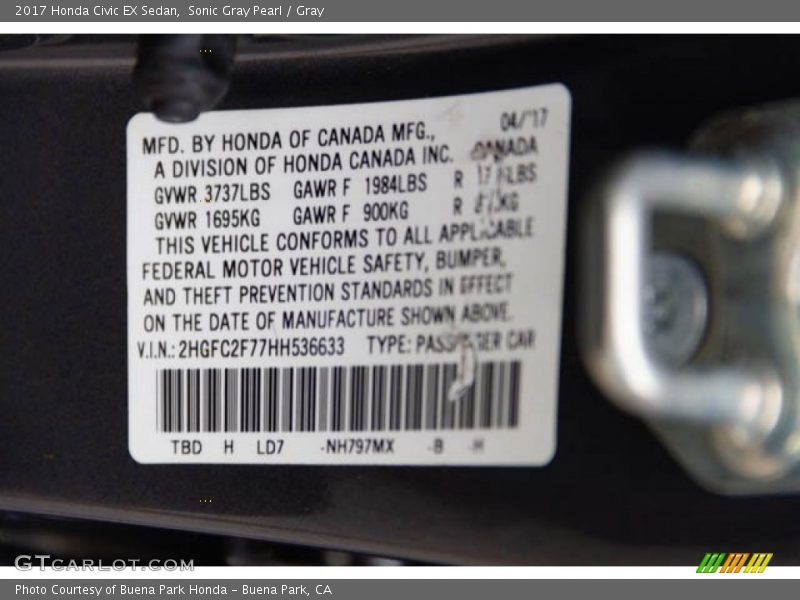 Sonic Gray Pearl / Gray 2017 Honda Civic EX Sedan