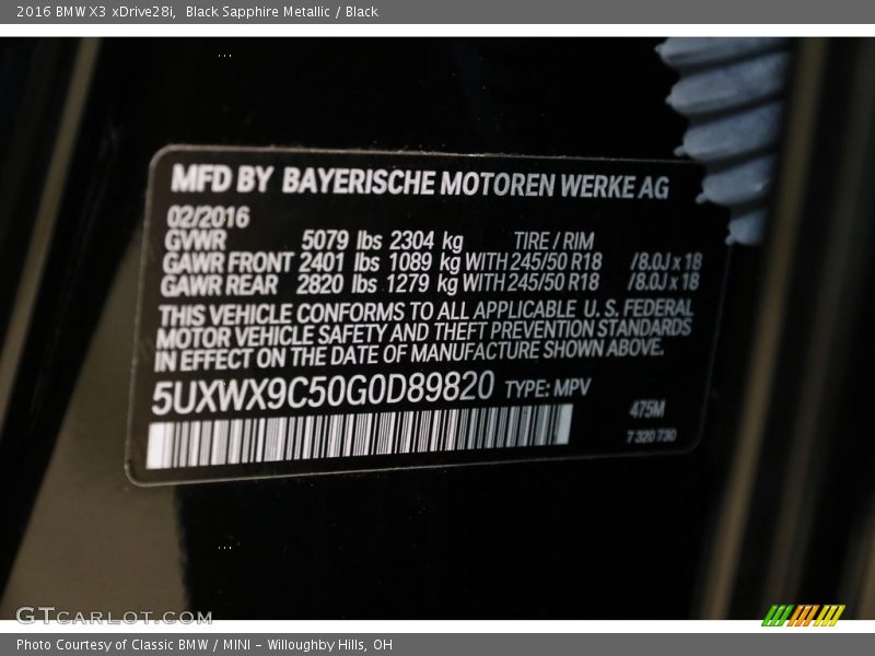 Black Sapphire Metallic / Black 2016 BMW X3 xDrive28i