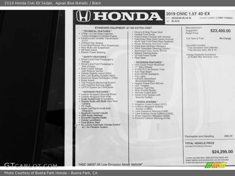 Agean Blue Metallic / Black 2019 Honda Civic EX Sedan