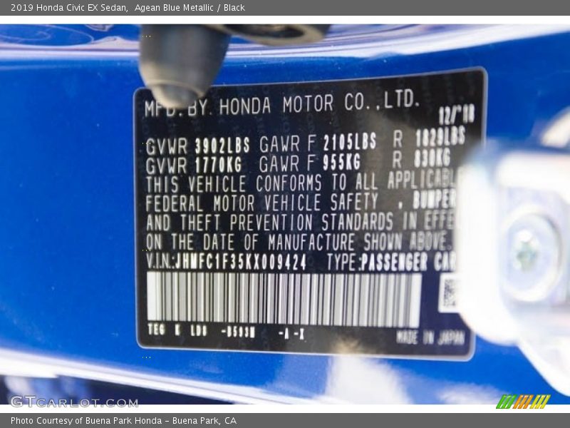 Agean Blue Metallic / Black 2019 Honda Civic EX Sedan