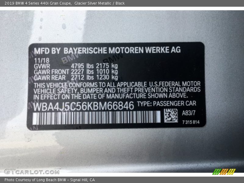 Glacier Silver Metallic / Black 2019 BMW 4 Series 440i Gran Coupe