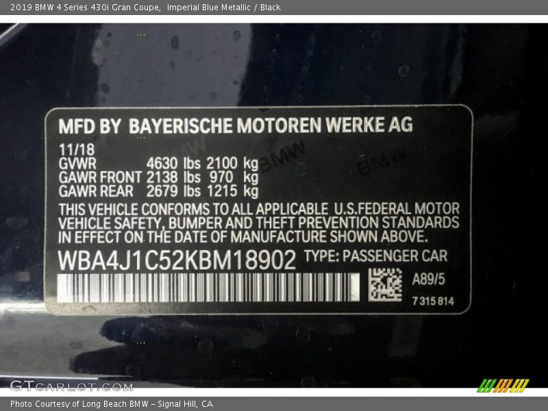 Imperial Blue Metallic / Black 2019 BMW 4 Series 430i Gran Coupe
