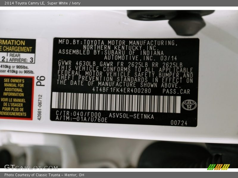 Super White / Ivory 2014 Toyota Camry LE