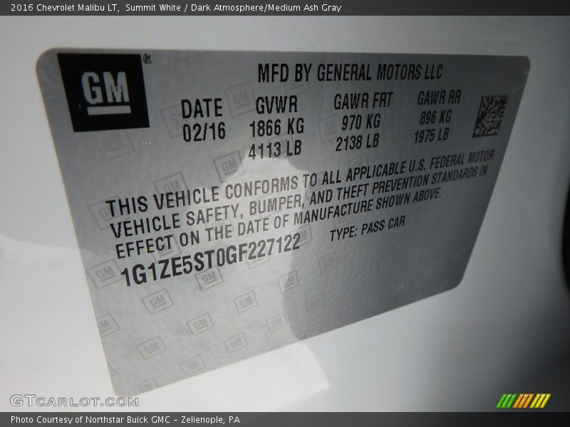 Summit White / Dark Atmosphere/Medium Ash Gray 2016 Chevrolet Malibu LT