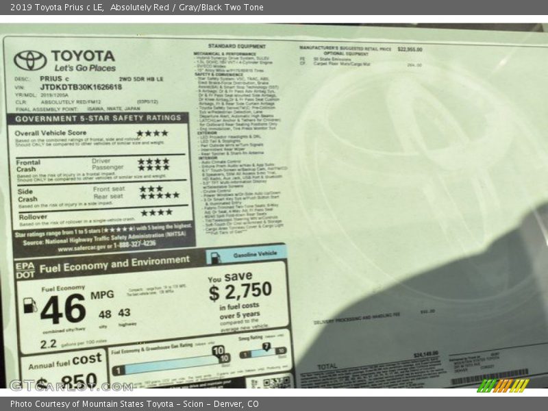 Absolutely Red / Gray/Black Two Tone 2019 Toyota Prius c LE