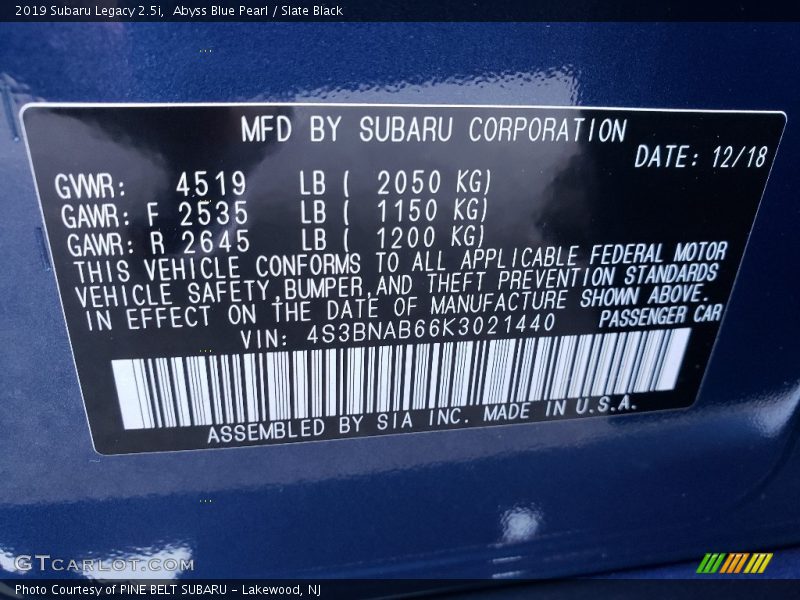 Abyss Blue Pearl / Slate Black 2019 Subaru Legacy 2.5i