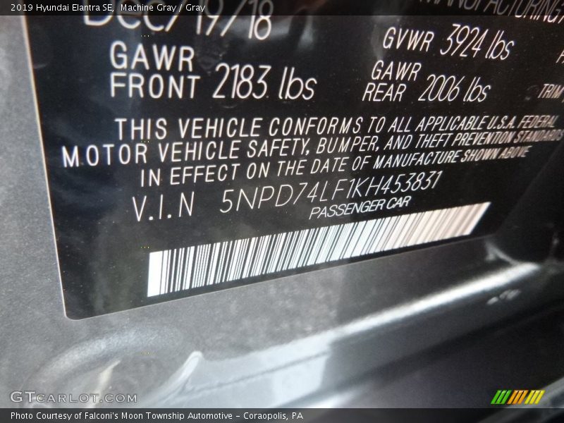 Machine Gray / Gray 2019 Hyundai Elantra SE