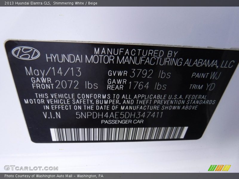 Shimmering White / Beige 2013 Hyundai Elantra GLS