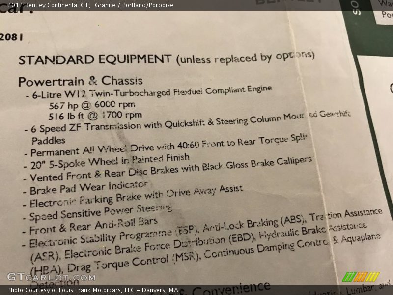  2012 Continental GT  Window Sticker