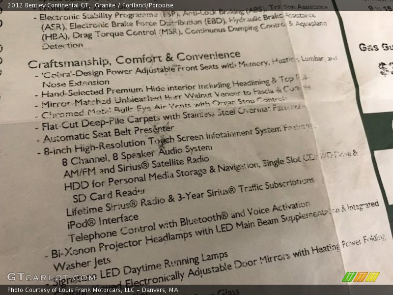  2012 Continental GT  Window Sticker