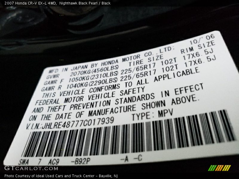 Nighthawk Black Pearl / Black 2007 Honda CR-V EX-L 4WD