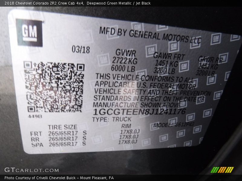 Deepwood Green Metallic / Jet Black 2018 Chevrolet Colorado ZR2 Crew Cab 4x4