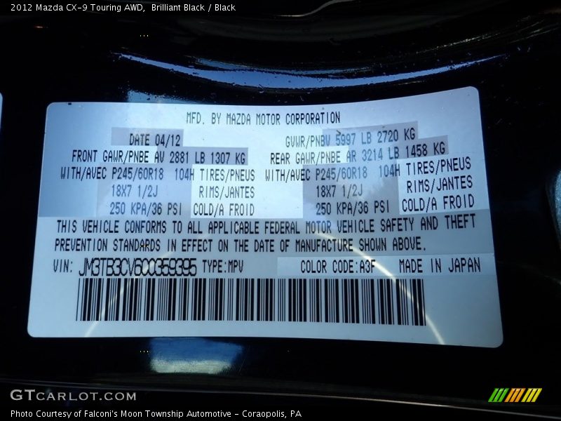 Brilliant Black / Black 2012 Mazda CX-9 Touring AWD